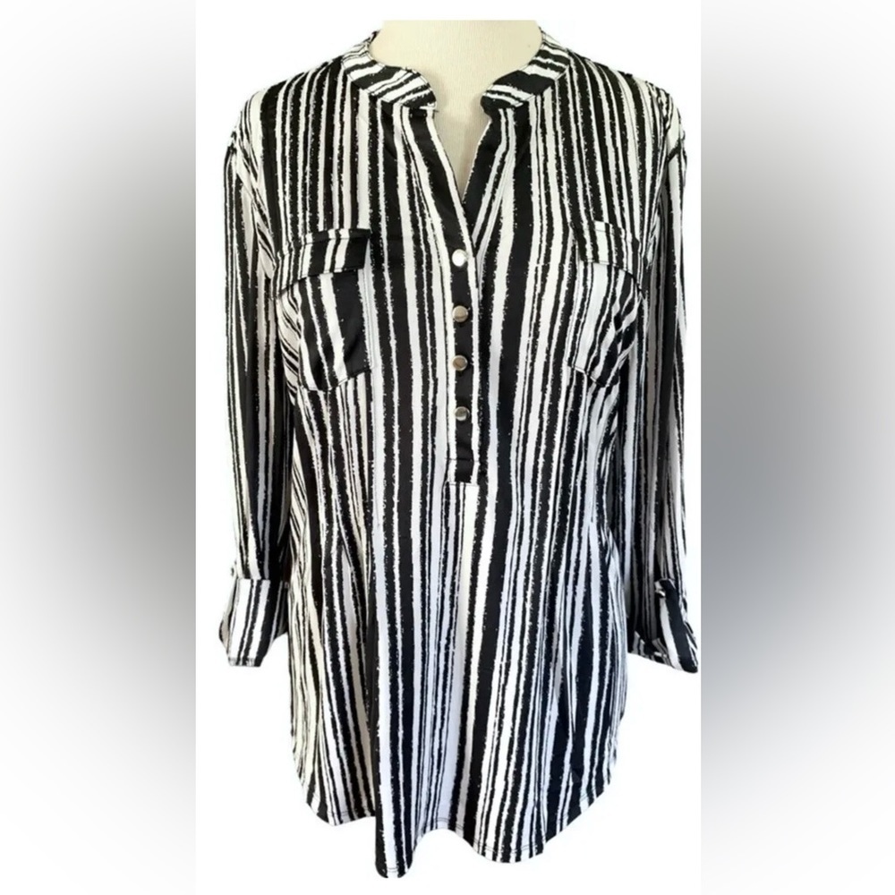 COCOMO XL White Black 3/4 sleeve women’s Pintuck Blouse tunic top shirt